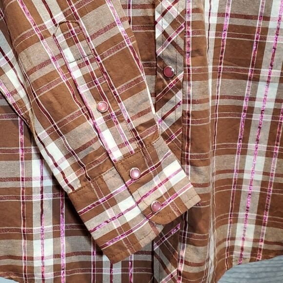 Cowgirl Hardware Sz S Brown Pink Metallic Plaid Studded Pearl Snap Western Shirt - Picture 5 of 9